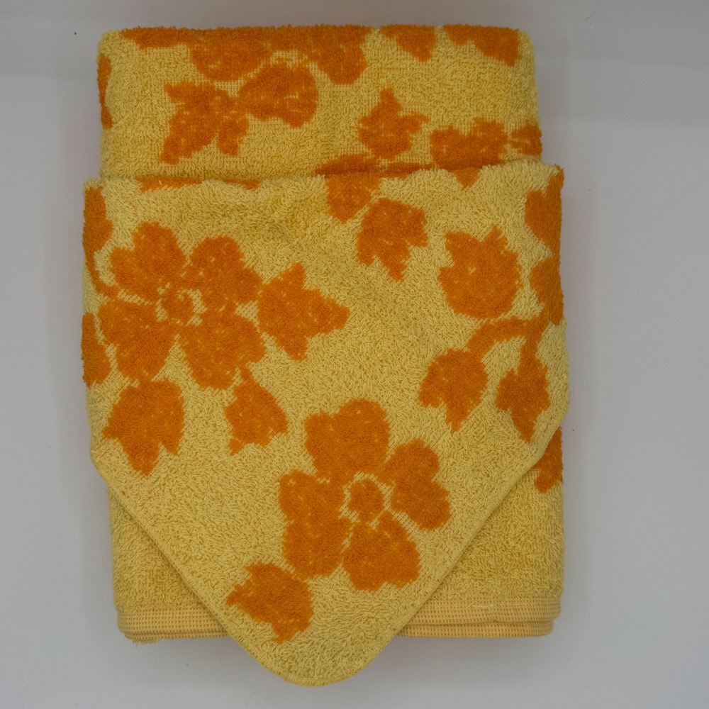 Vintage Fashion Manor Yellow Orange Floral Cotton Hand Towel Washcloth Set 70s